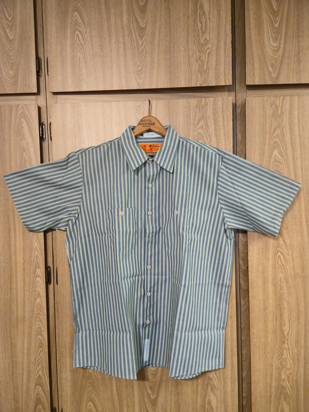 Red Kap Men's XL Short Sleeve Soft Stripe Utility Work Shirt Teal Tan